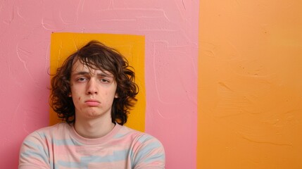 Wall Mural - A young man with curly hair is sitting in front of a pink and orange wall