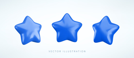 Wall Mural - vector 3d blue star icons set. cute realistic cartoon 3d render, glossy metallic star front and side