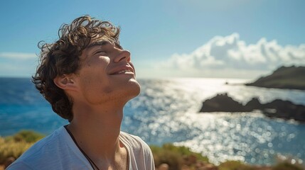 A man is smiling and looking out at the ocean