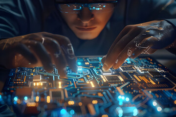 person working on a circuit board with glowing lights.