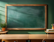 © Asad - blank classic green chalkboard in a school classroom with subtle chalk dust, focusing on the timeless and serene learning environment