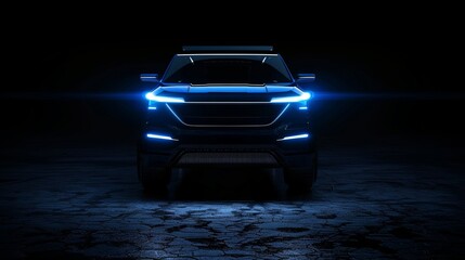 Wall Mural - A dark blue SUV vehicle with headlights on is illuminated against the background of darkness creating an attractive visual effect headlights light up in white and reflect off its surface