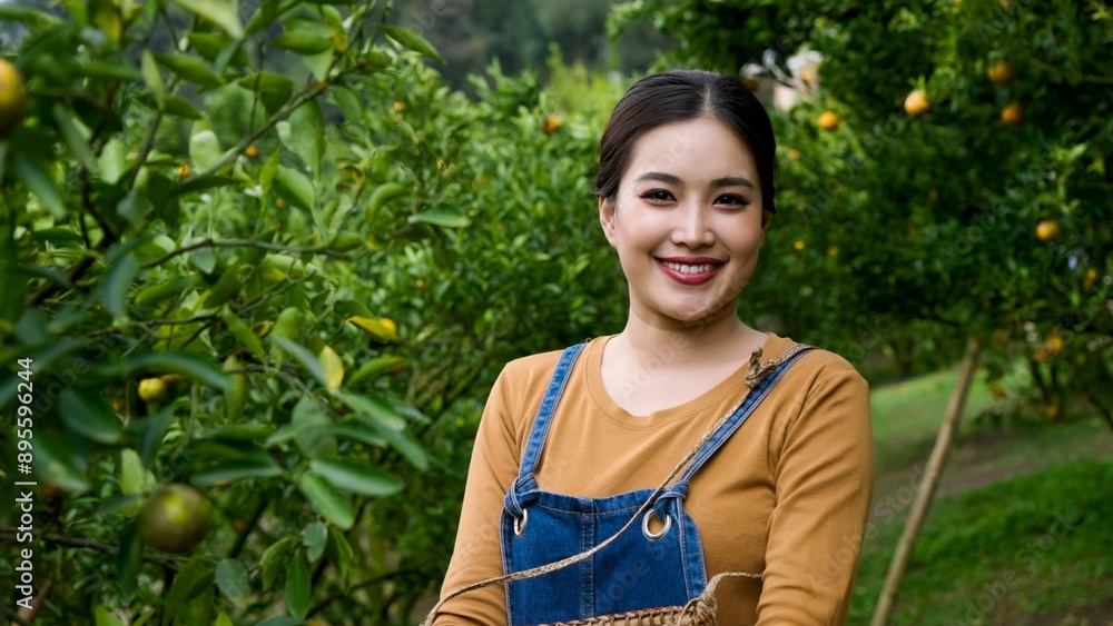 Smiling young Asian woman in denim overalls holding wicker basket in ...