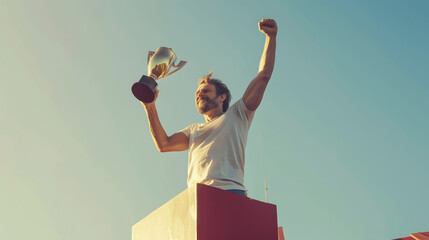 Man with look of accomplishment holding trophy on podium with clear sky