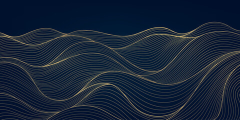 Aufkleber - Vector wave japanese background, line sea, ocean gold on blue pattern. Flow water curve graphic, luxury asian water illustration.