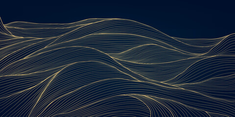Wall Mural - vector wave japanese background, line sea, ocean gold on blue pattern. flow water curve graphic, lux