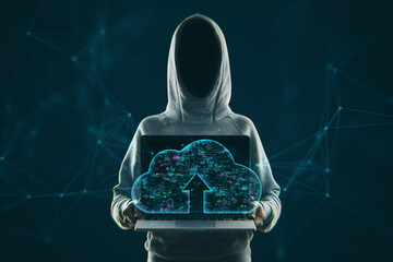 Sticker - Hacker in hoodie holding polygonal cloud icon on laptop screen on dark background. Cloud computing and hacking concept.