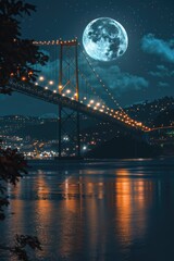 Wall Mural - full moon over bridge