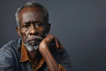 Canvas Print - Gray background sad black American independent powerful man. Portrait of older mid-aged person beautiful bad mood expression isolated on background racism skin