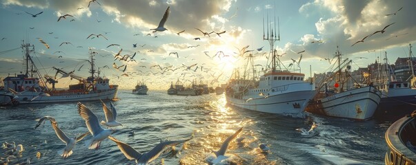 Wall Mural - Bustling harbor filled with fishing boats and seagulls, 4K hyperrealistic photo