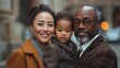 © tonpreecha - High-resolution capture of a mixed-race family adoption day, courthouse steps, emotion evident,