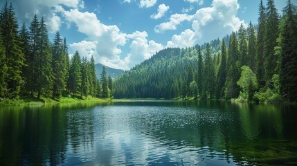 Beautiful landscape view of green summer forest with spruce and pine trees mountain, lake, river.