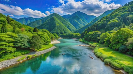 beautiful summer landscape in japan with green mountains, clear blue skies, and a flowing river , ja