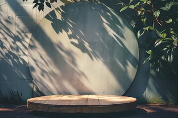 Empty wooden circle display with subtle leaves shadow, raw photo