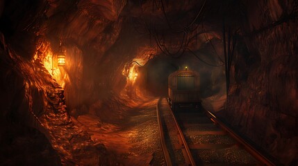 A big slide down in a cave with rails and gold mining cart, light from torches ambient cinematic moody lighting, photo-realistic fantasy illustration.