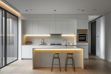 Minimal white kitchen featuring cozy lighting and modern elements