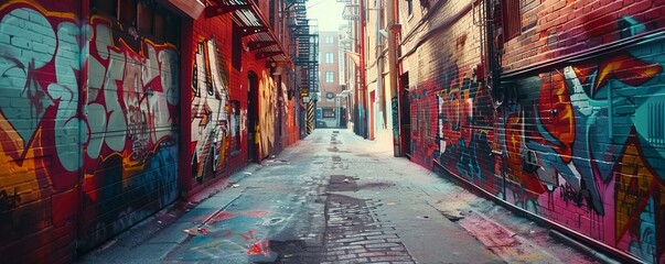 Enigmatic alleyway adorned with colorful street art, 4K hyperrealistic photo