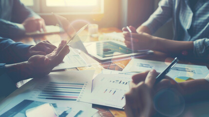 Wall Mural - A team of professionals collaborating over documents and tablets in a sunlit office setting.