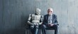 © MD Media - AI robot sitting on a chair next to an elderly man with coffee, both waiting for a job interview. AI vs human concept. futuristic technology coexisting with people in a professional environment