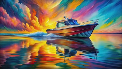 Abstract art of boat on water with vibrant colors and dynamic shapes, abstract, art, boat, water, vibrant, colors