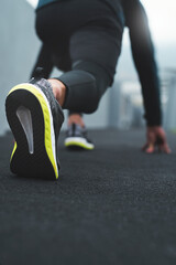 Poster - Start, runner or person with fitness, sneakers or workout with race, sportswear or endurance. Closeup, shoes or athlete with training, beginning marathon or cardio with challenge, balance or exercise