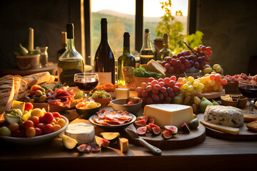 A Rustic Table Spread Featuring an Array of Artisan Breads, Cheese, Fresh Fruits and Wine