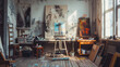 © VK Studio - An artist's studio filled with canvases, paint-splattered floors, and various art supplies, showcasing a creative and productive workspace.