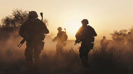 Silhouetted soldiers advance through dense foliage during a sunset mission, enveloped by dust, portraying bravery and resilience amid challenging conditions.