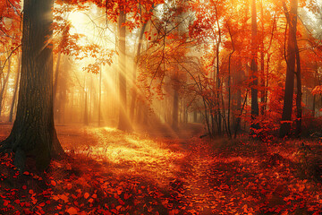 Beautiful autumn forest with sunbeams. Nature background.