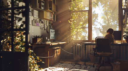 Sticker - Sunlight streams into a cozy, plant-filled home office where a person works at a wooden desk, creating a warm and inviting atmosphere.