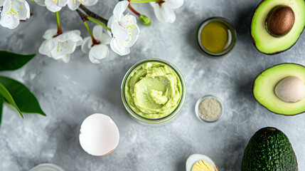 Wall Mural - A top-down view of a jar of creamy avocado spread surrounded by fresh ingredients, presenting a fresh and healthy culinary scene.