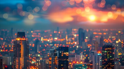 Golden hour sky with blurred city rooftop view, fuzzy twilight night lights skyline, corporate office building landscape, and nightlife bokeh for an evening celebration