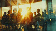 © VK Studio - Silhouettes of people in a corporate meeting against a cityscape backdrop with a golden sunset, blending professional engagement with urban energy.