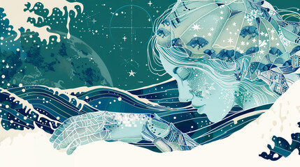 Wall Mural - illustration of Cancer, the woman. The woman is depicted with detailed claws and a protective shell. The background features water elements with waves and a moonlit sky,	
