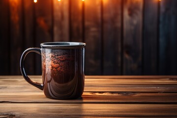 A dark coffee mug on a wooden table in a cozy setting, with warm lighting and candles in the background. The scene exudes warmth and relaxation, perfect for a quiet evening