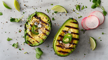 Canvas Print - Grilled avocado halves topped with radish slices, cilantro, and sea salt, presented on a rustic gray background with lime wedges and herbs.