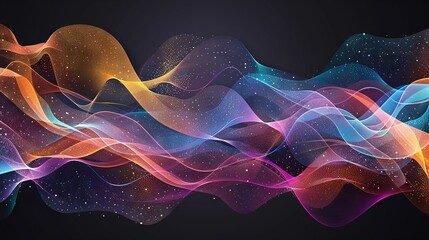 Wall Mural -   Colorful abstract waves and stars on black background with space for text or logo optimization