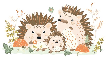 Wall Mural - Create a clipart of a Hedgehog Family A family of hedgehogs with tiny, cute baby hedgehogsin a kawaii style, simplified to feature fewer elements for a cleaner look, Use a color palette that is