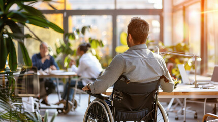 Poster - A person in a wheelchair participating in a roundtable discussion with coworkers in a bright, airy office.