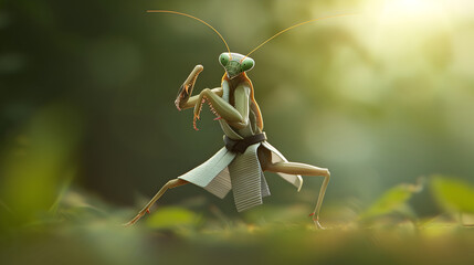 Closeup Praying Mantis Insect Hunting on Green Leaf in Natural Environment