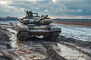 A tank, parked on a muddy field after training exercises 