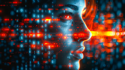 Woman becoming one with technology and data