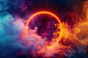 Canvas Print - Vibrant smoke twirls within a bright hoop on black backdrop symbolizing contemporary art. 3D Illustration.