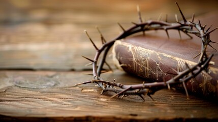 Bible and crown of thorns on cross.