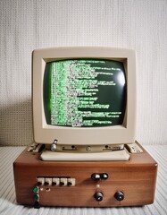 A vintage computer with a green screen displays a code