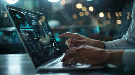 interaction with a holographic digital interface on a laptop, indicating advanced technology and dat