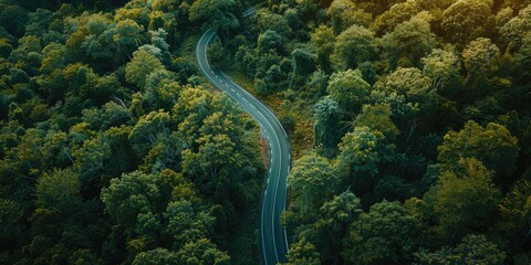 Wall Mural - Road through forest from above