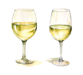 White wine in a glass, watercolor clipart illustration with isolated background.