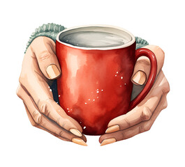 Hands holding a hot drink, watercolor clipart illustration with isolated background.