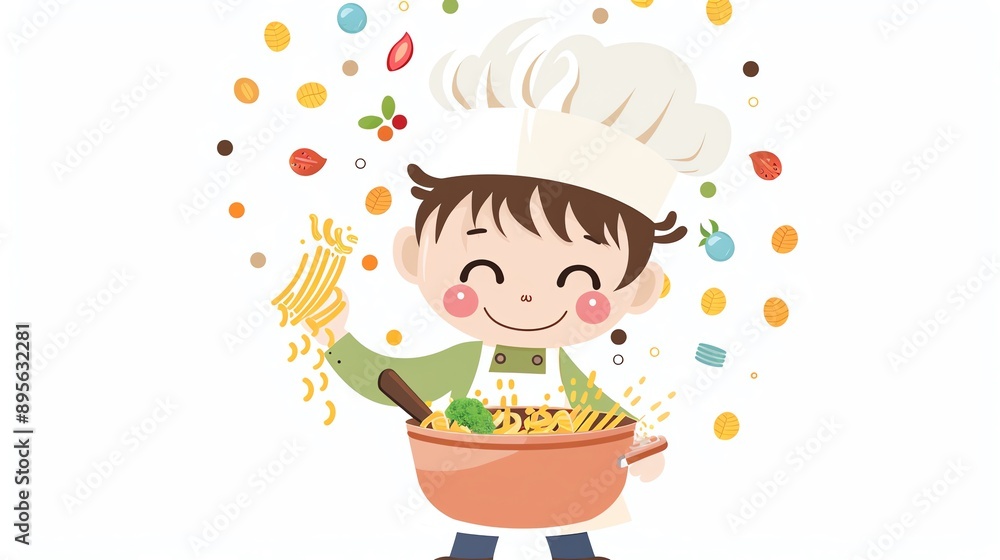 Create a clipart of a Chef with a pot of boiling pastain a kawaii style ...